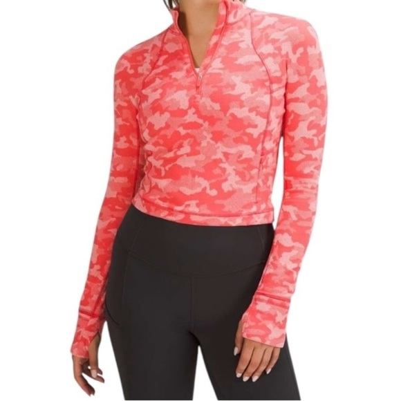 Lululemon Its Rulu Run Cropped Half Zip Camo Pale Raspberry Pink Mist Size 6 - Picture 1 of 14